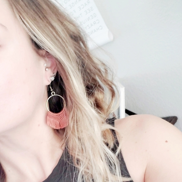 Boho Fringe Macrame Round Hoop Dangle Drop Earrings OS Handcrafted Gold - Picture 7 of 12